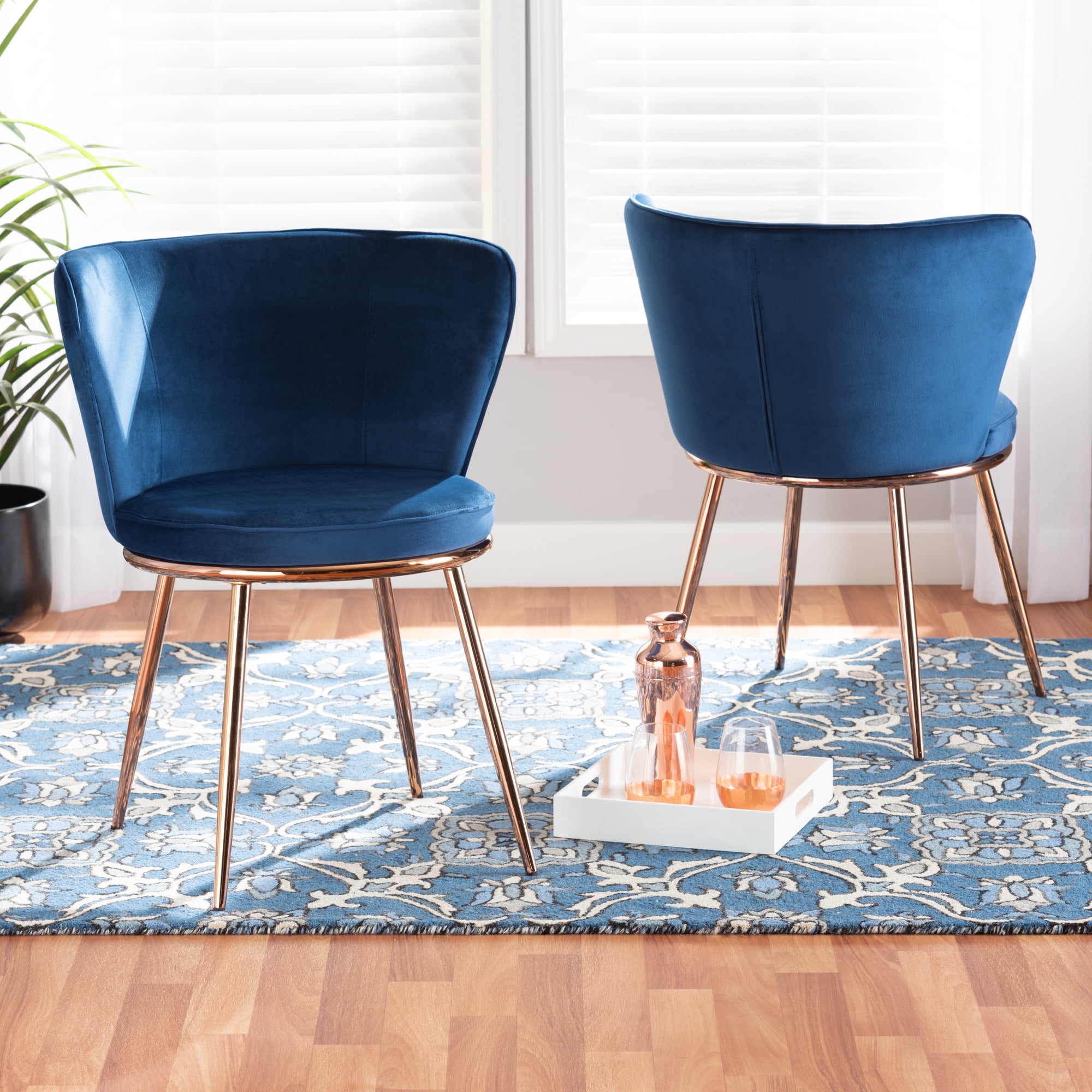 Baxton Studio Farah Dining Chair, Set of 2, Navy Blue/Rose Gold