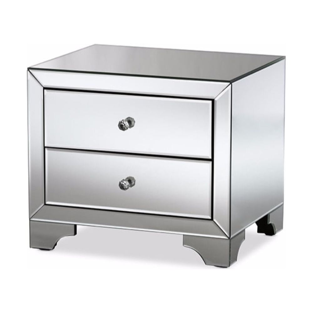 Elegant Silver Mirrored 2-Drawer Nightstand with Crystal Handles
