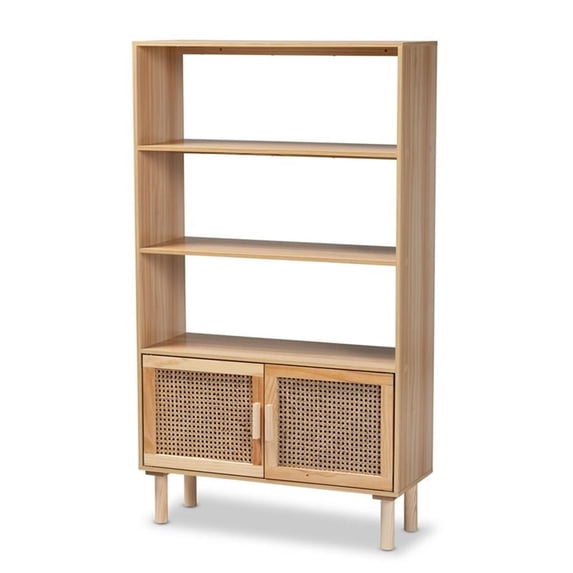 Baxton Studio Faulkner Mid-Century Modern Natural Brown Finished Wood and Rattan 2-Door Bookcase,Wholesale Interiors