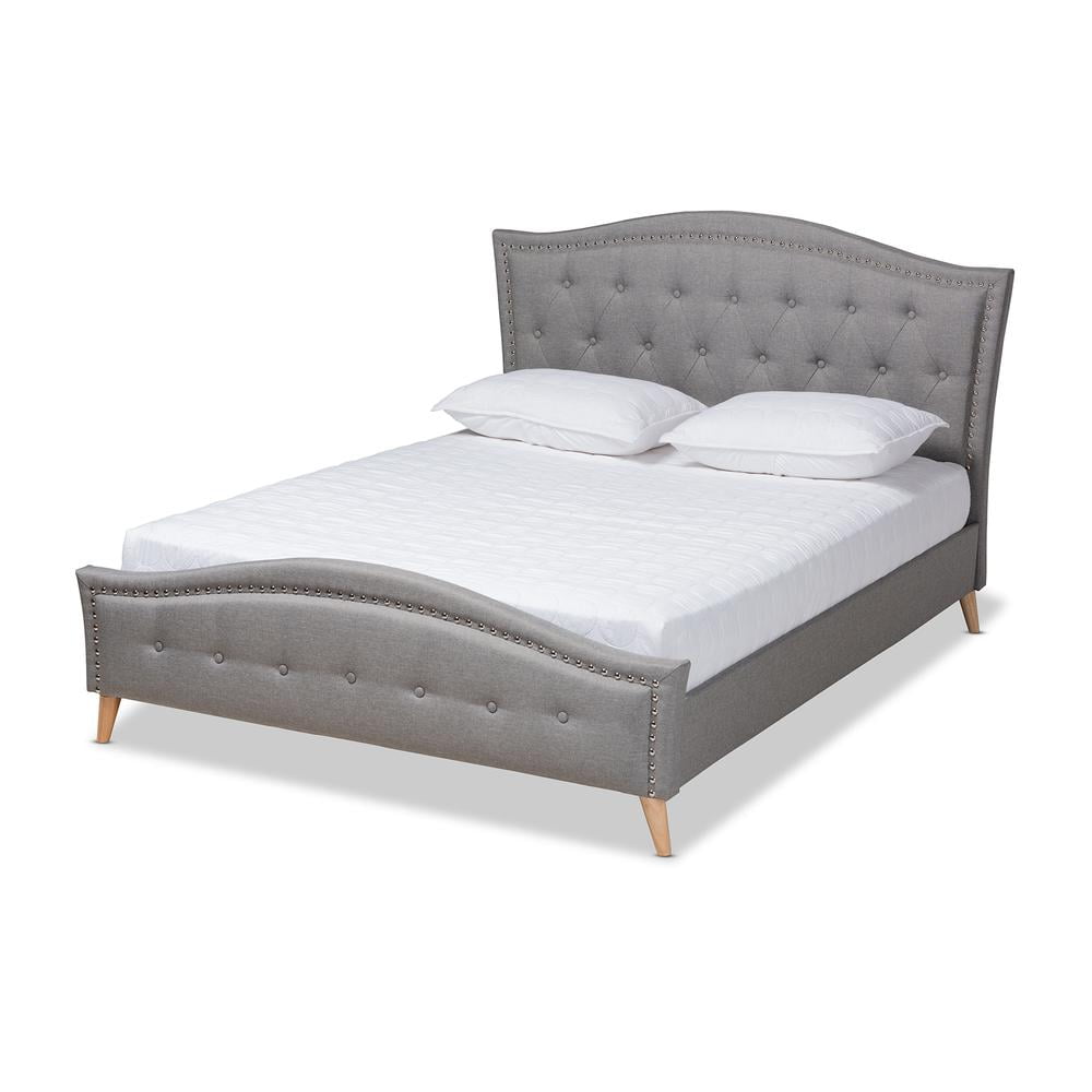 Elegant King-Sized Grey Upholstered Bed with Tufted Headboard and Nailhead Trim