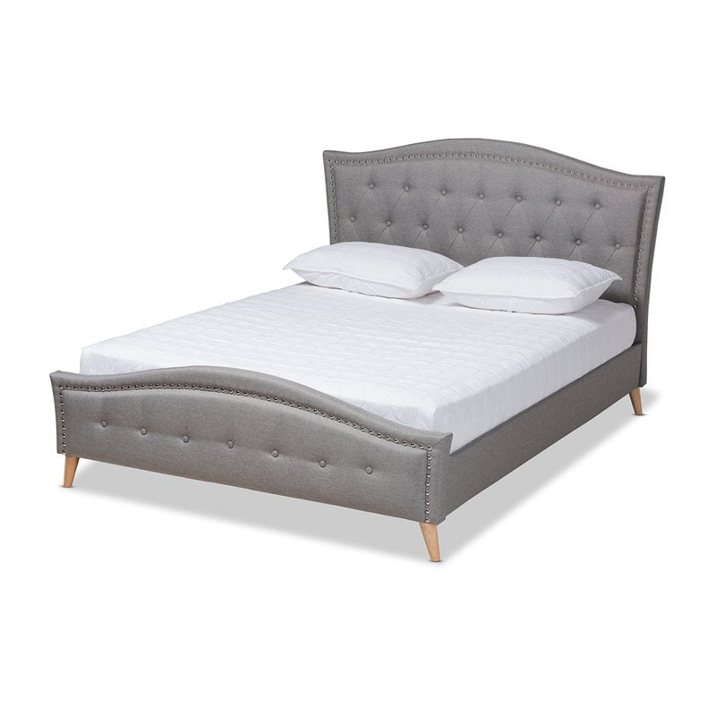 Elegant King-Sized Grey Upholstered Bed with Tufted Headboard and Nailhead Trim