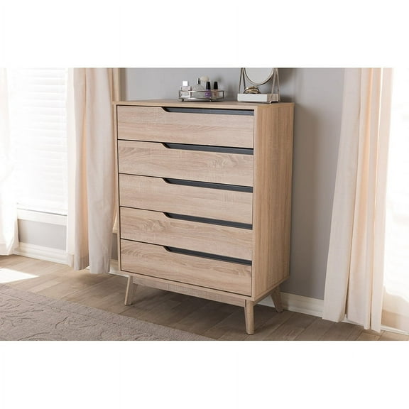 Baxton Studio Fella Two-Tone Oak and Gray Wood 5-Drawer Chest