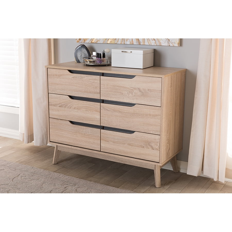 Mid-Century Modern Oak and Gray 6-Drawer Horizontal Dresser