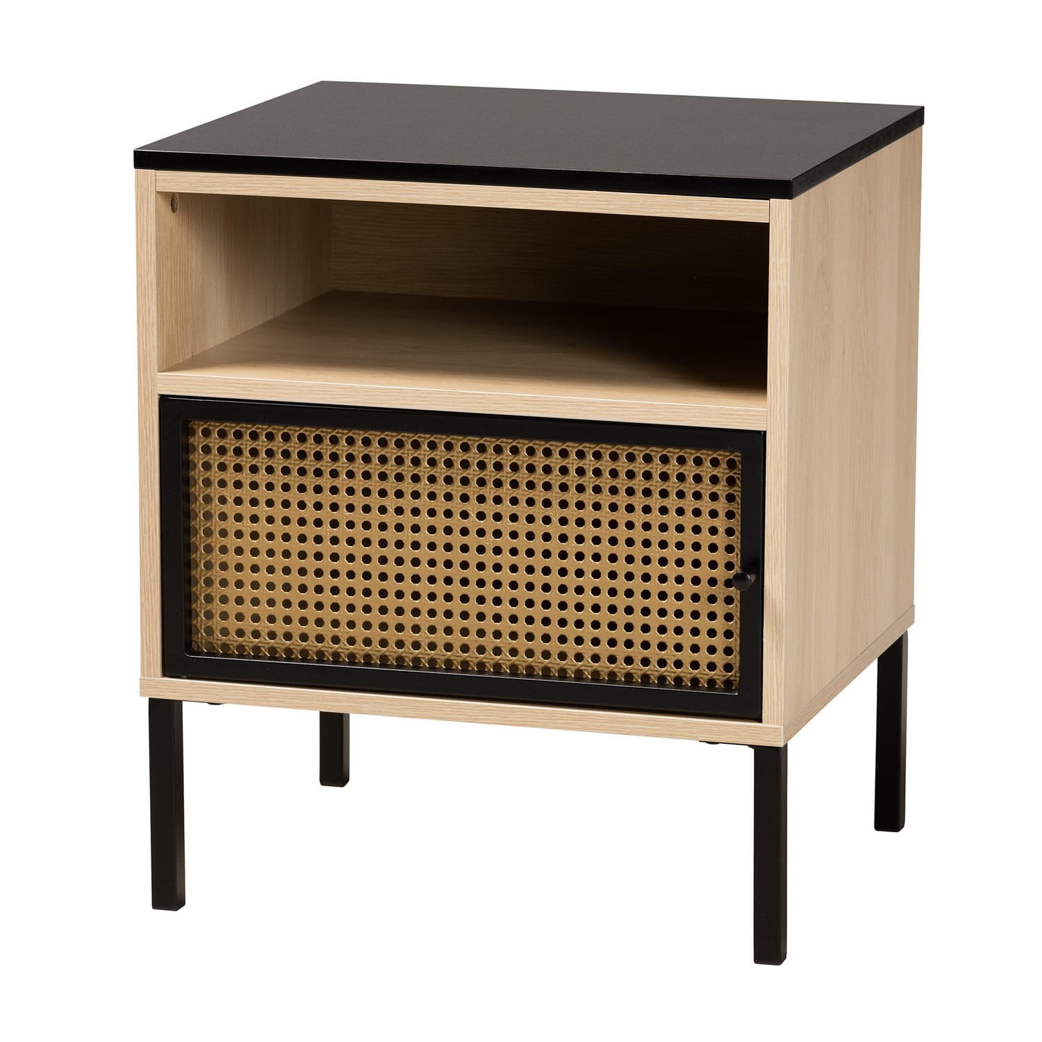 Felton Two-Tone Black Gold Metal and Light Brown Wood End Table with Storage