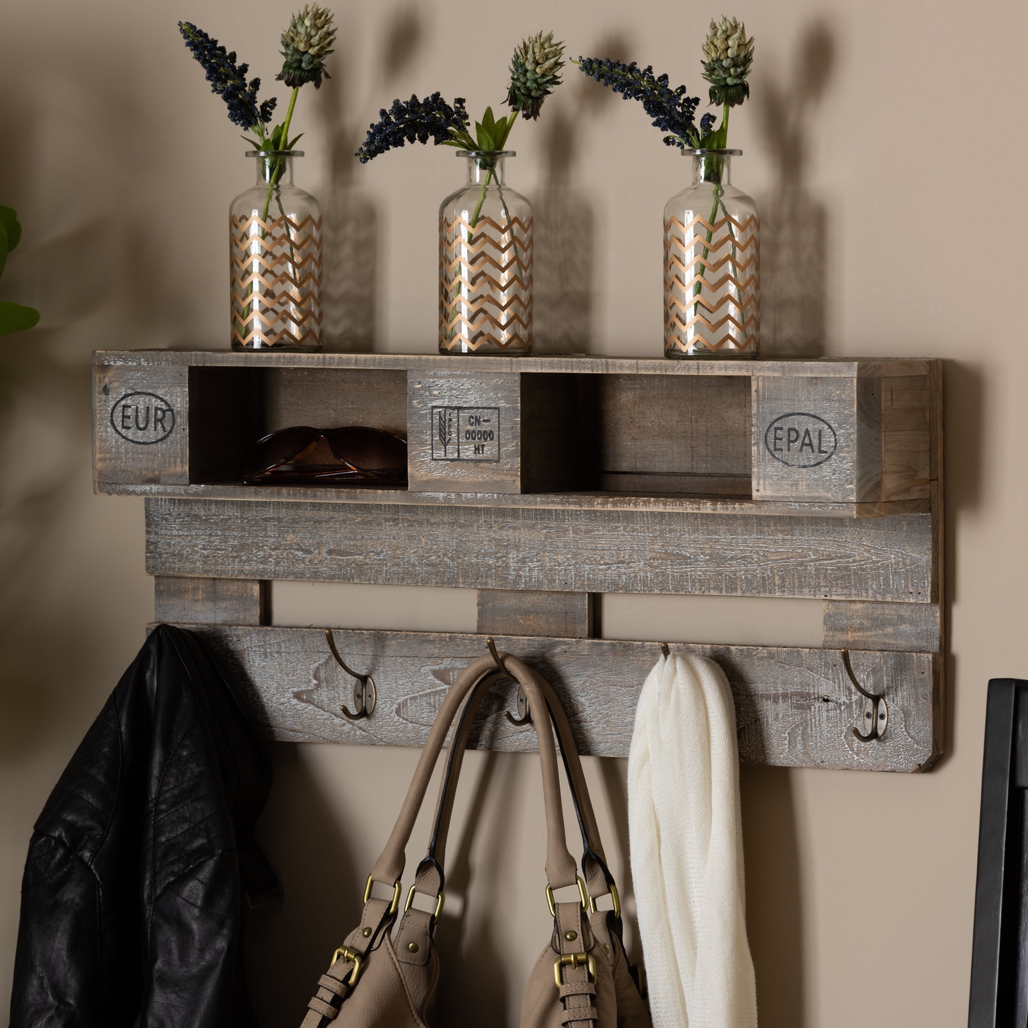Rustic Whitewashed Oak Wall Mounted Coat Rack with Shelves