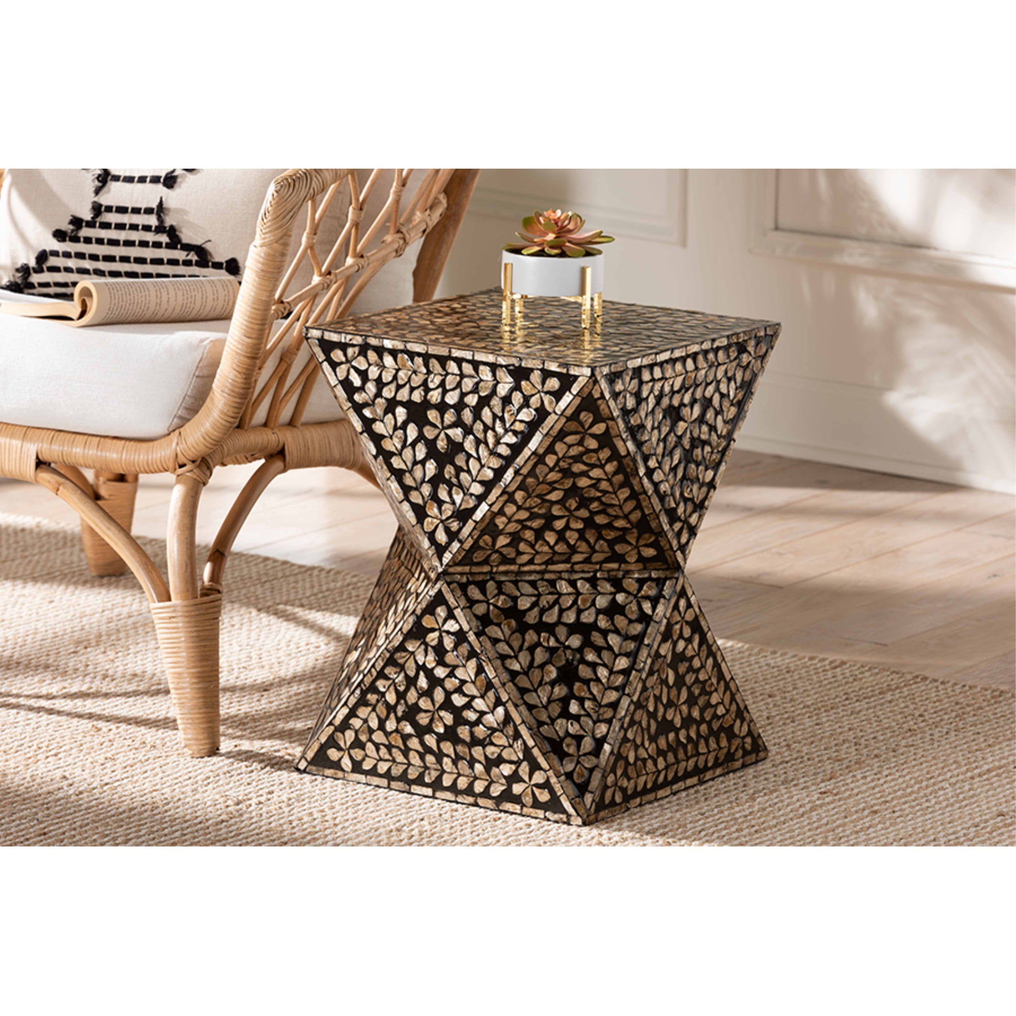 Feronia Black and Bronze Mother of Pearl Hourglass End Table