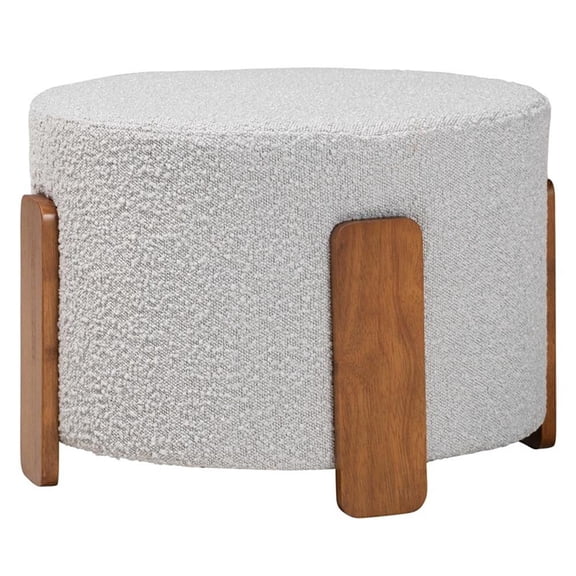 Baxton Studio Finlay Light Gray Boucle Fabric and Brown Wood Ottoman Footstool