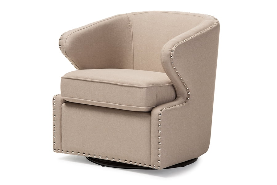 Beige Leather Swivel Accent Chair with Wood Frame
