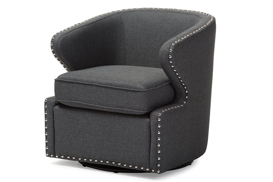 Mid-Century Modern Gray Leather Swivel Accent Chair with Wood Frame