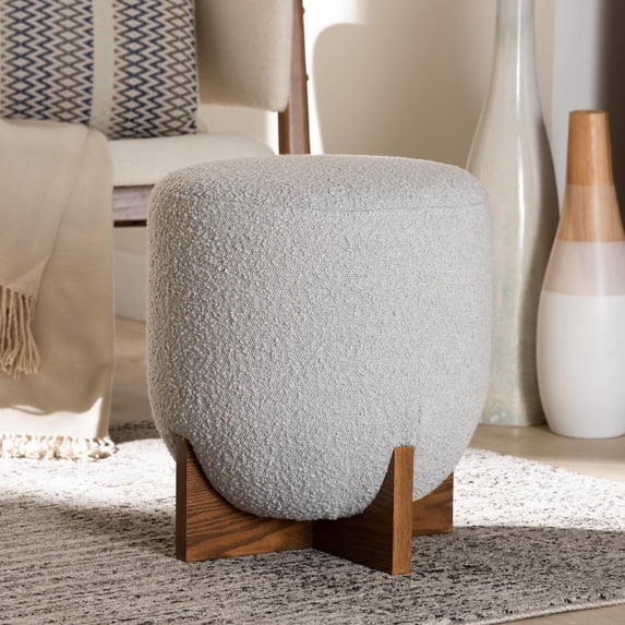 Baxton Studio Fisk Japandi Light Grey Boucle Fabric and Walnut Brown Finished Wood Ottoman Footstool