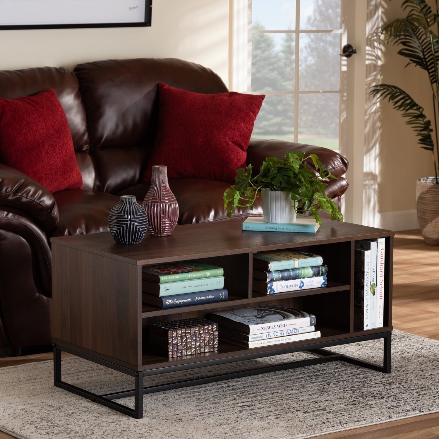 Walnut Brown Wood and Black Metal Rectangular Coffee Table