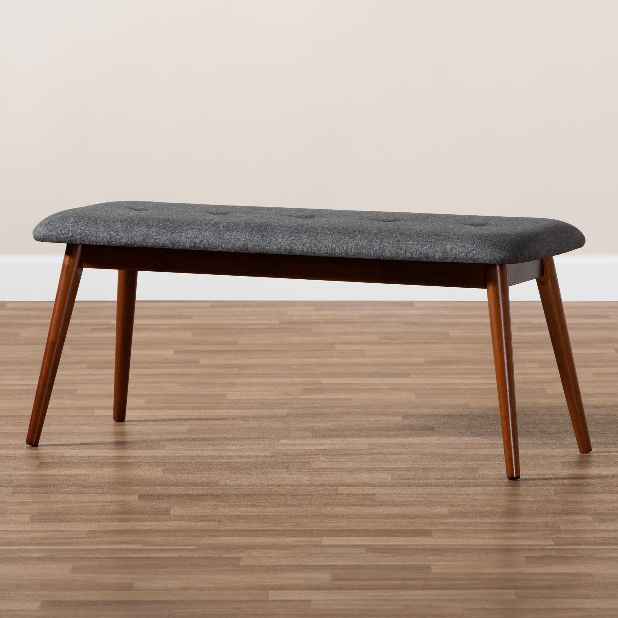 Baxton Studio Flora II Mid-Century Modern Dark Grey Fabric Upholstered Medium Oak Finished Wood Dining Bench