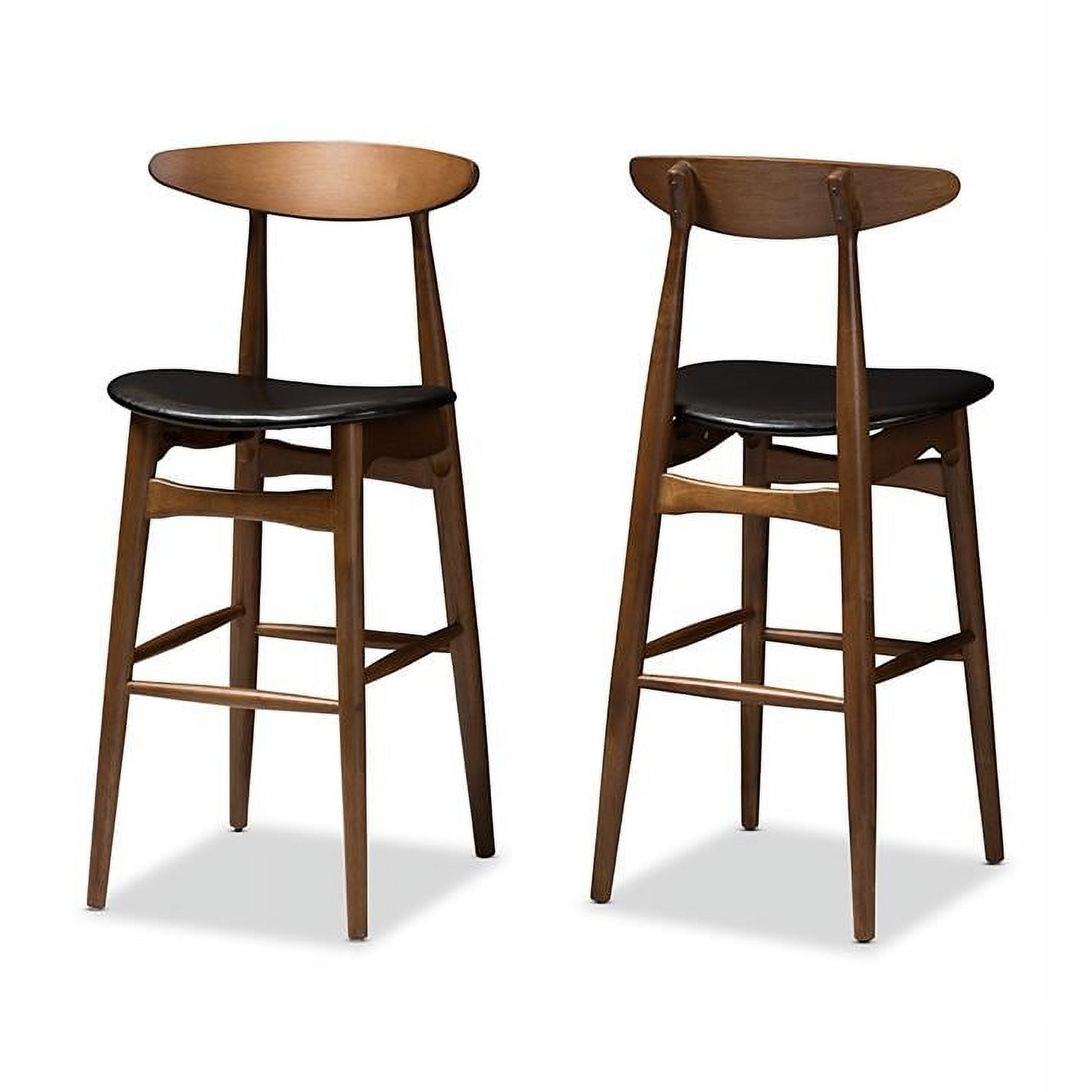 Set of 2 Walnut & Black Leather Mid-Century Barstools