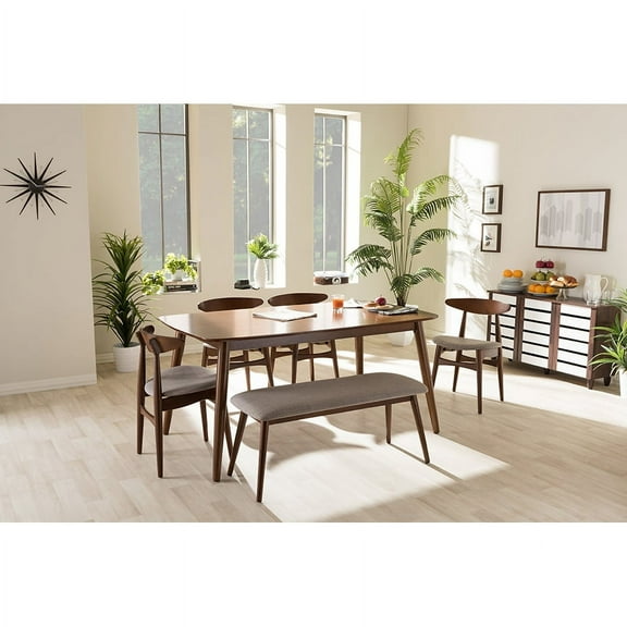 Baxton Studio Flora Mid-Century Modern Light Grey Fabric and "Oak" Medium Brown Finishing Wood 6-Piece Dining Set