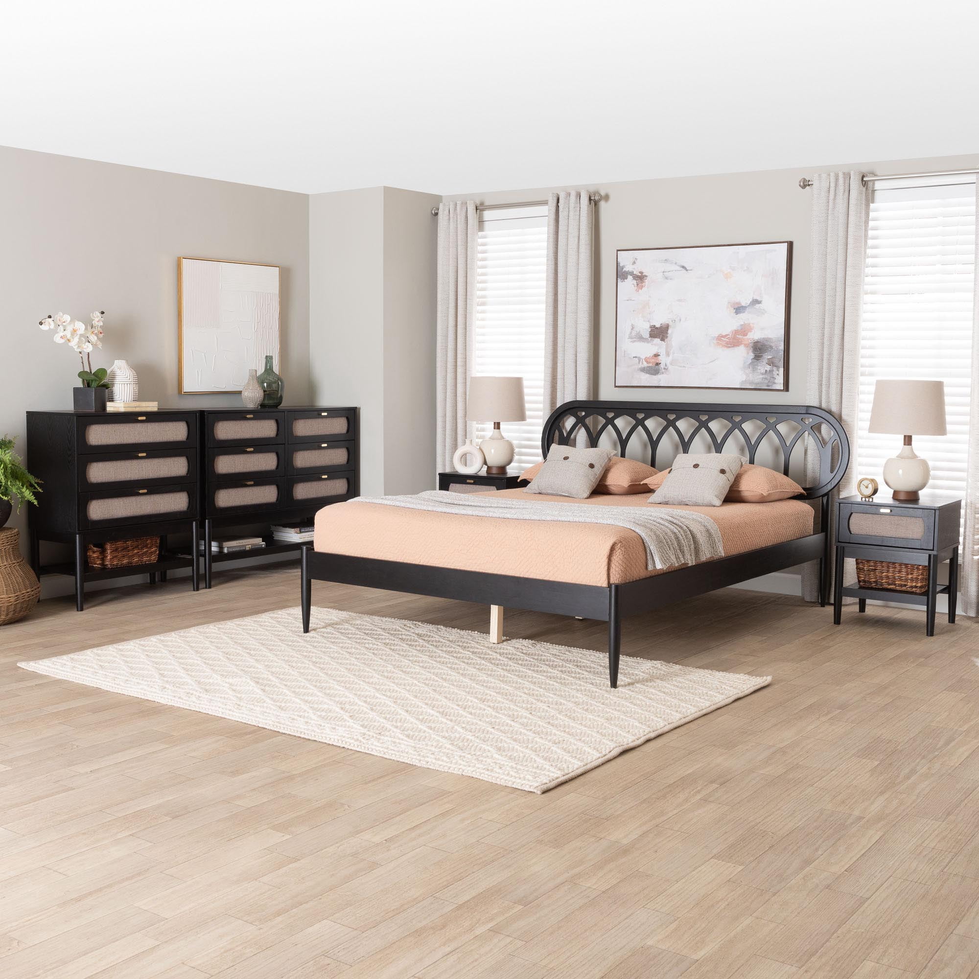 Baxton Studio Florica Art-Deco Bedroom Set, Queen, Beige