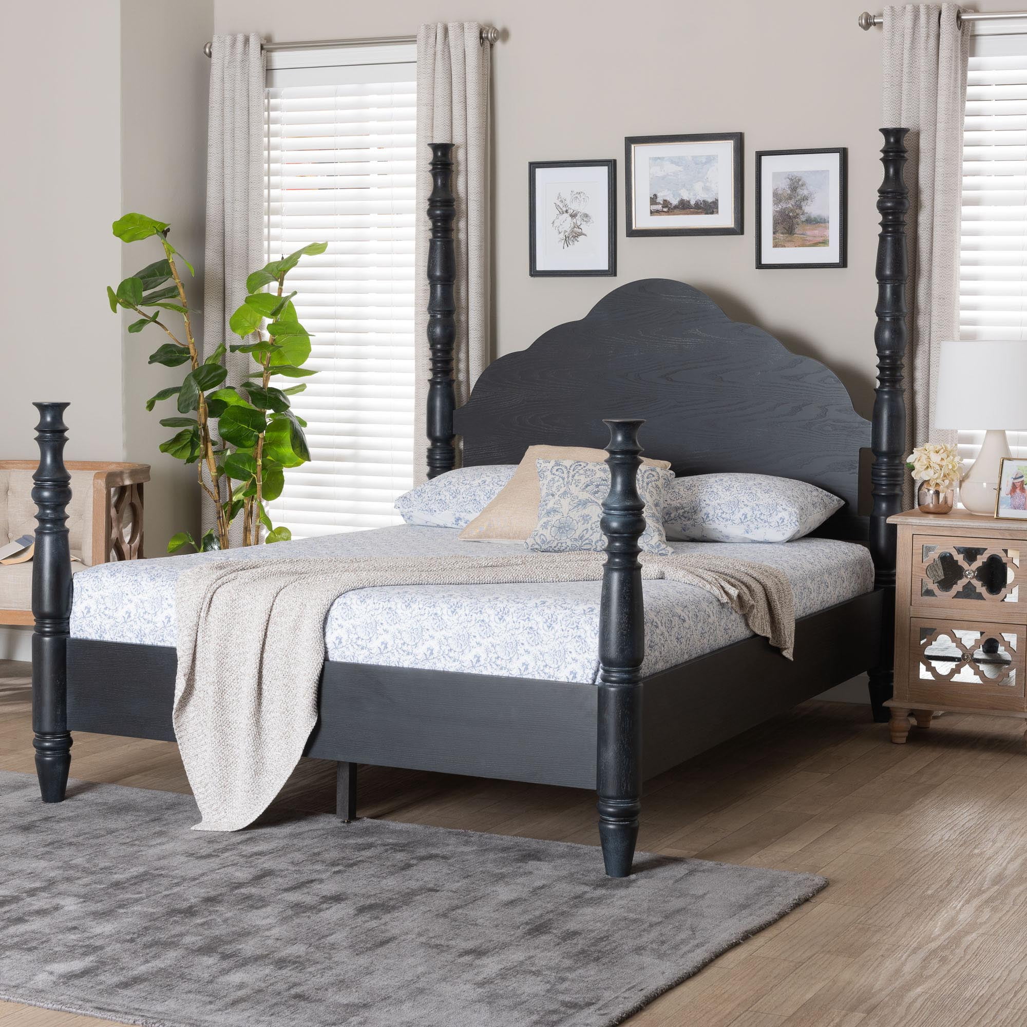 Baxton Studio Four-Poster Farmhouse Platform Bed, Queen, Black