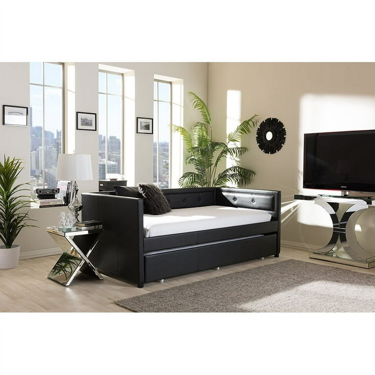 Baxton Studio Frank Modern and Contemporary Black Faux Leather Button-Tufting Sofa Twin Daybed with Roll-Out Trundle Guest Bed Baxton Studio Frank Modern and Contemporary Black Faux Leather Button-Tufting Sofa Twin Daybed with Roll-Out Trundle Guest Bed