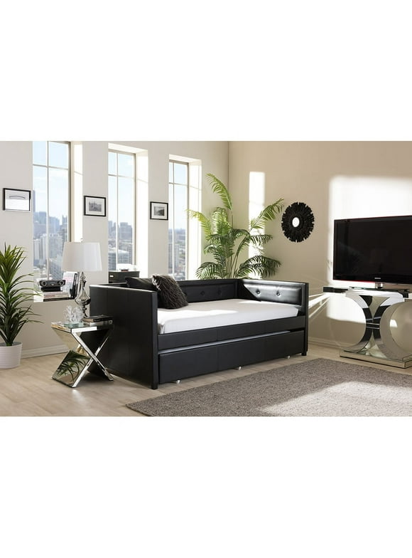 Baxton Studio Frank Modern and Contemporary Faux Leather Button-Tufting Sofa Twin Daybed with Roll-Out Trundle Guest Bed, Black
