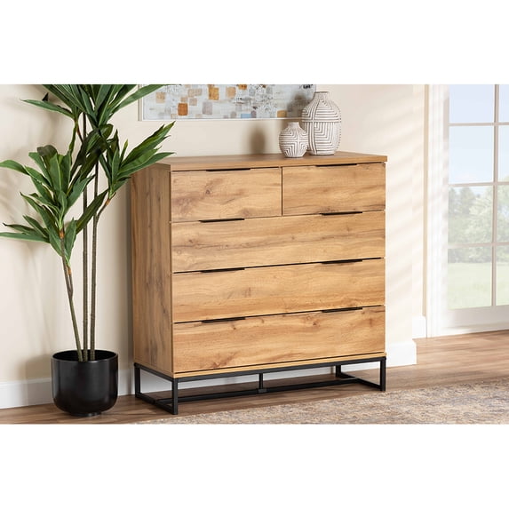 Baxton Studio Franklin Modern and Contemporary Oak Finished Wood and Black Finished Metal 5-Drawer Bedroom Chest