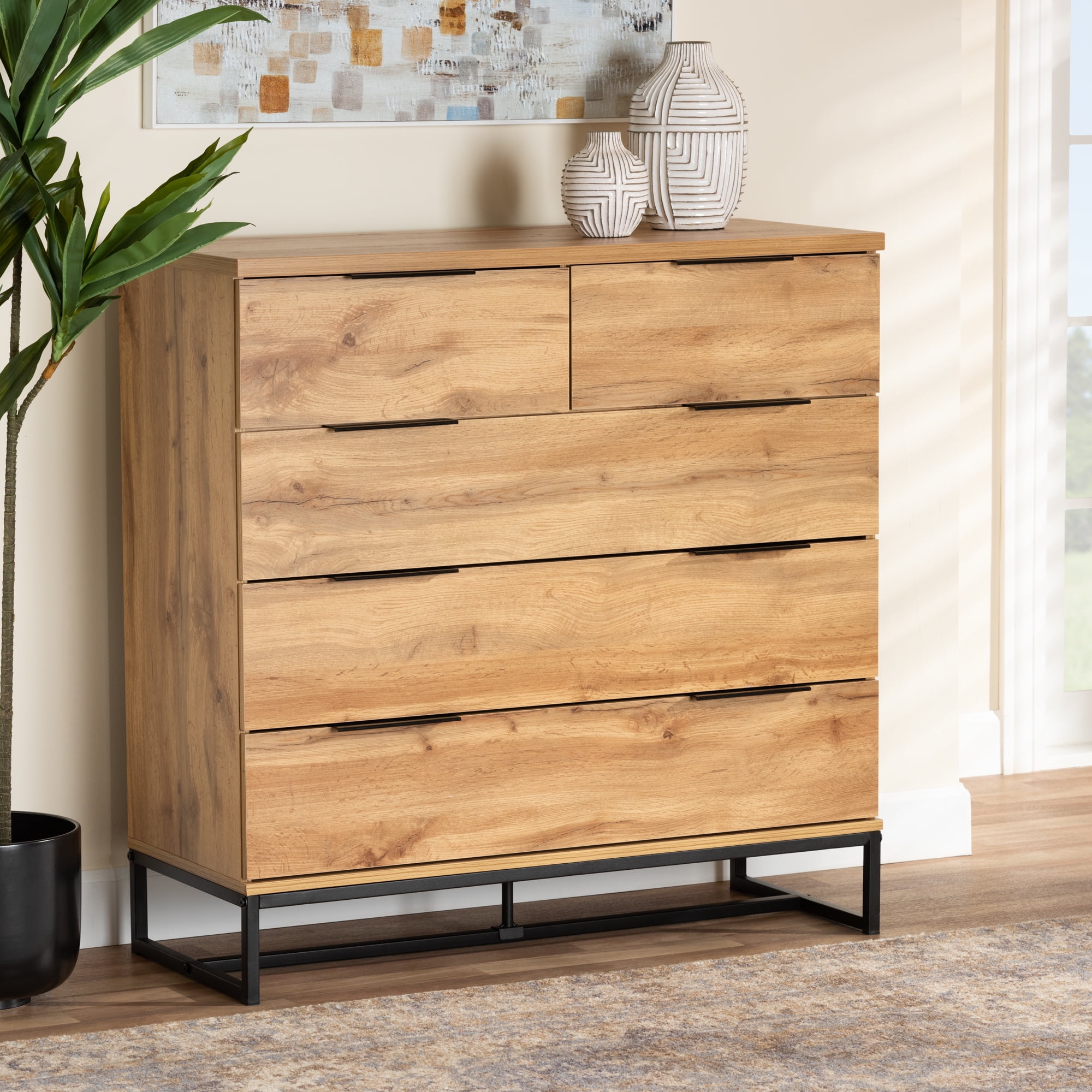Baxton Studio Franklin Modern and Contemporary Oak Finished Wood and Black Finished Metal 5 Drawer Bedroom Chest