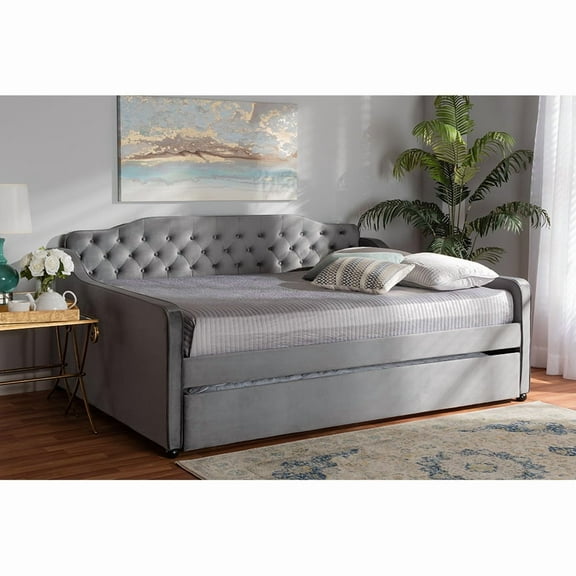 Baxton Studio Freda Transitional and Contemporary Grey Velvet Fabric Upholstered and Button Tufted Full Size Daybed with Trundle