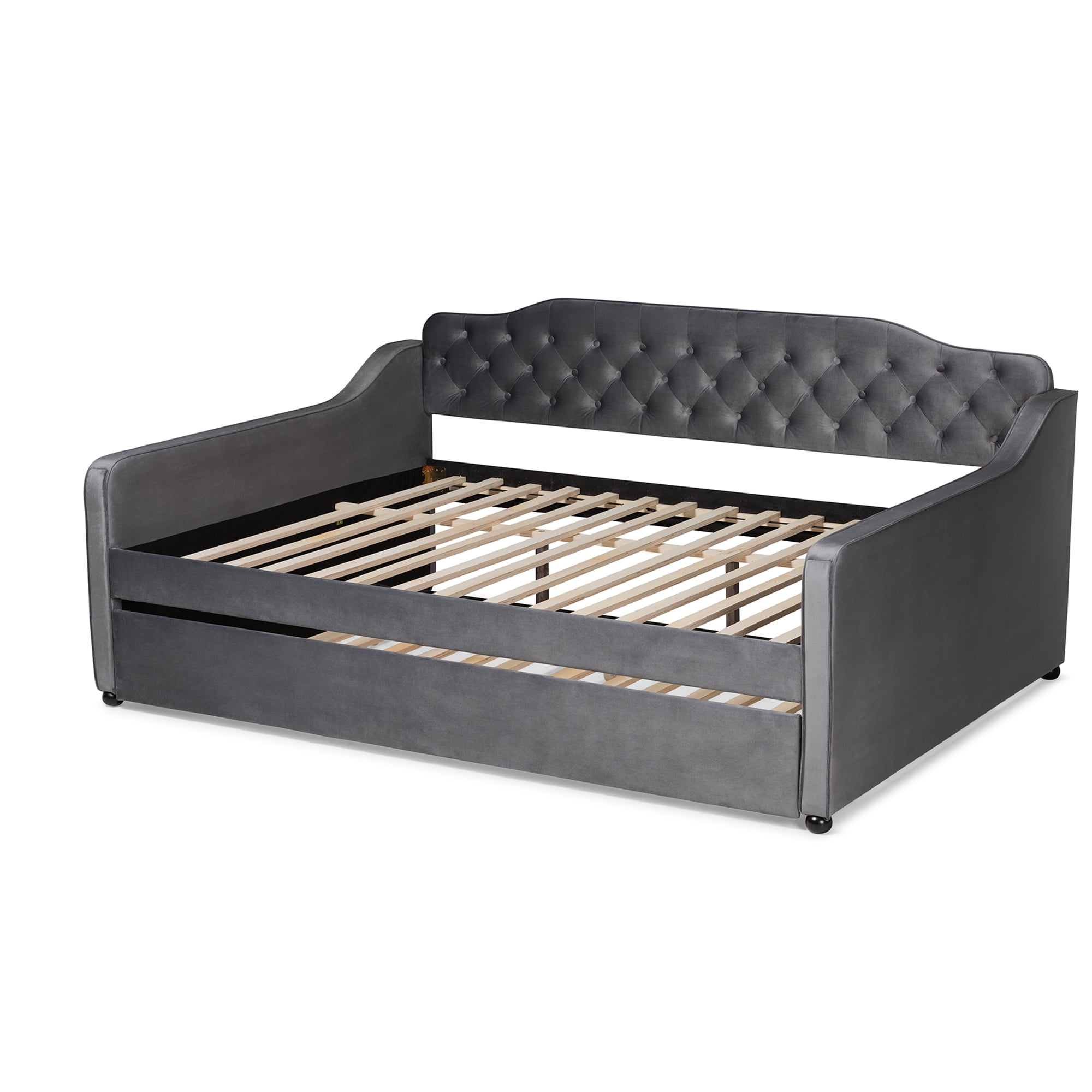 Baxton Studio Freda Transitional and Contemporary Grey Velvet Upholstered and Button Tufted Full Size Daybed with Trundle