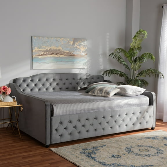 Baxton Studio Freda Transitional and Contemporary Grey Velvet Upholstered and Button Tufted Queen Size Daybed
