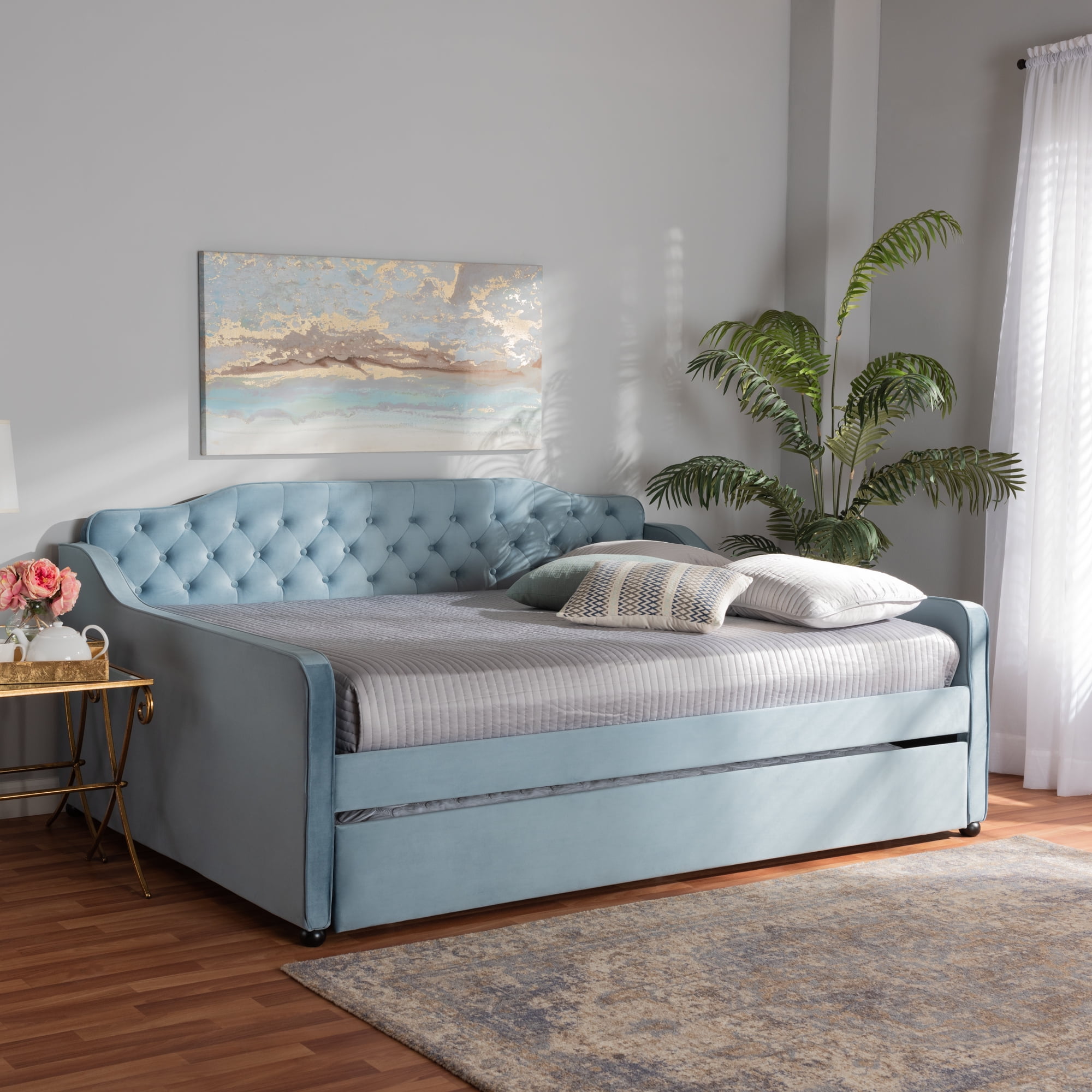 Baxton Studio Freda Transitional and Contemporary Light Blue Velvet Upholstered and Button Tufted Full Size Daybed with Trundle
