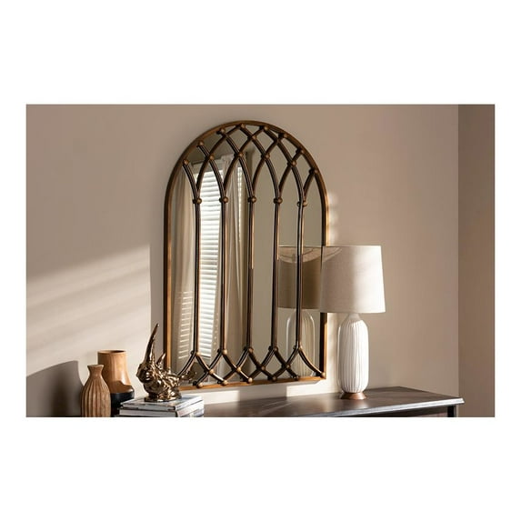 Baxton Studio Freja Vintage Farmhouse Antique Bronze Finished Arched Window Accent Wall Mirror