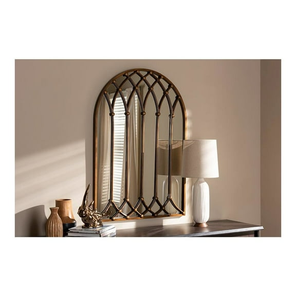 Baxton Studio Freja Vintage Farmhouse Antique Bronze Finished Arched Window Accent Wall Mirror