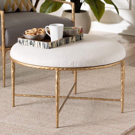 Baxton Studio Fumiye Cocktail Ottoman - Modern Rustic Accent Stool with Hand-Forged Metal Frame and Upholstered Seat for Living Room or Sitting Room, Round 30"