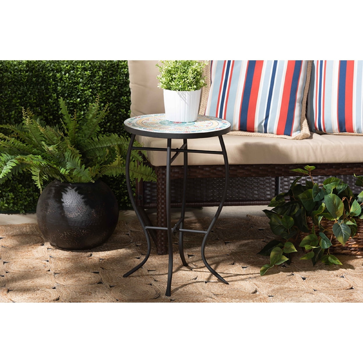 Baxton Studio Gaenor Modern and Contemporary Black Metal and Multi-Colored Ceramic Tile Plant Stand