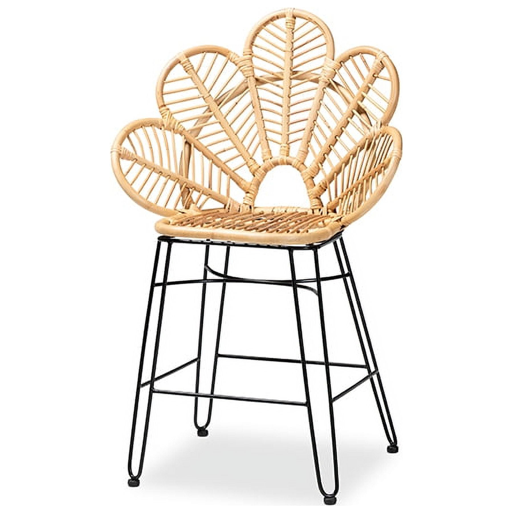 Garan Natural Rattan and Black Metal Boho Counter Stool