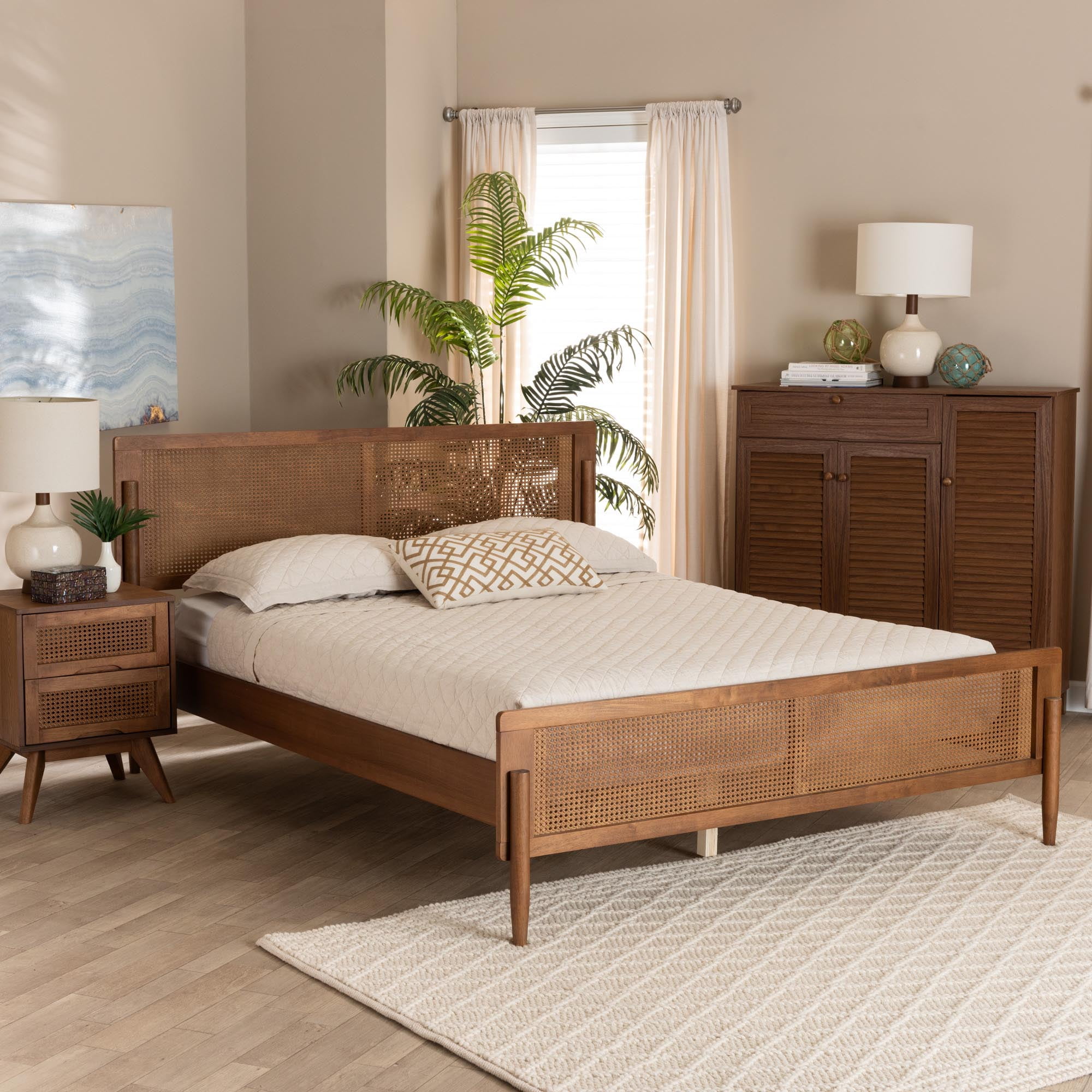 Baxton Studio Redmond Mid-Century Modern Walnut Brown Finished Wood and Synthetic Rattan Full Size Platform Bed Baxton Studio Redmond Mid-Century Modern Walnut Brown Finished Wood and Synthetic Rattan Full Size Platform Bed