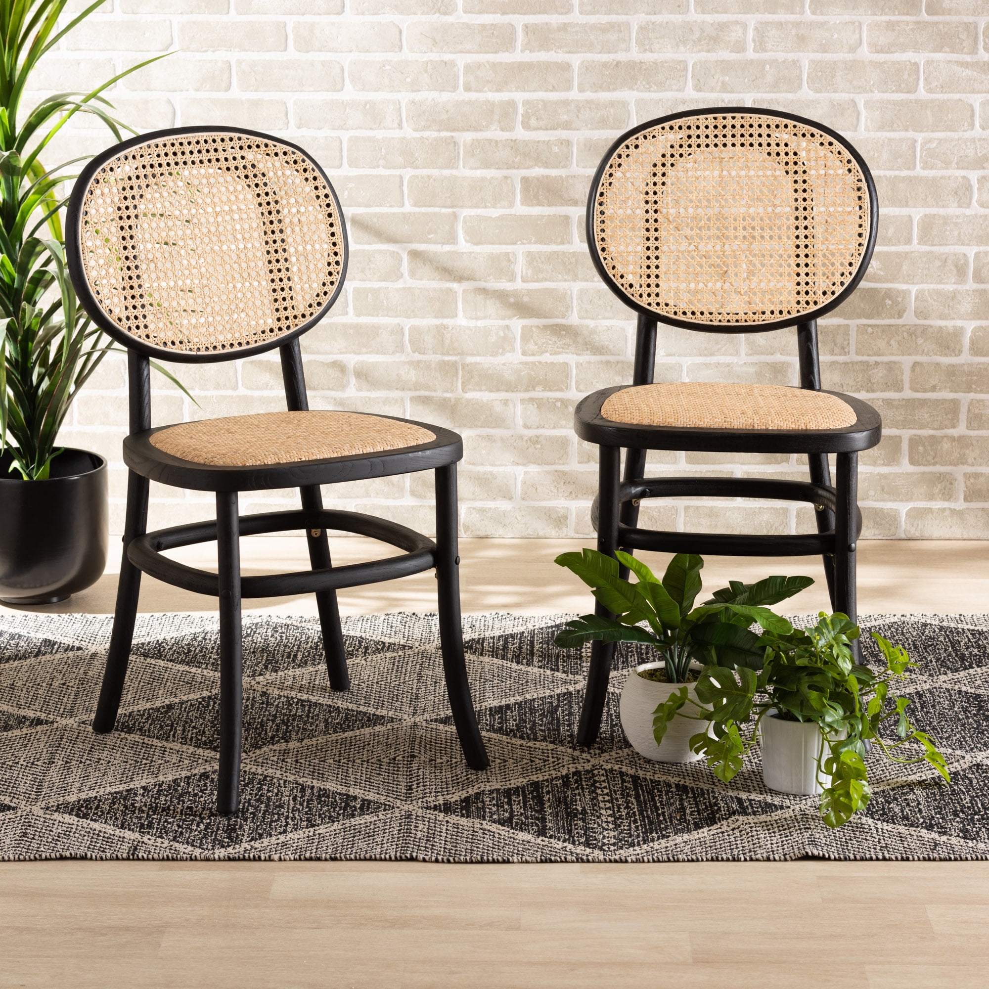 Bonzy Home Rattan Dining Chairs Set Of 2, Woven Seat & Solid Wood Legs, Black