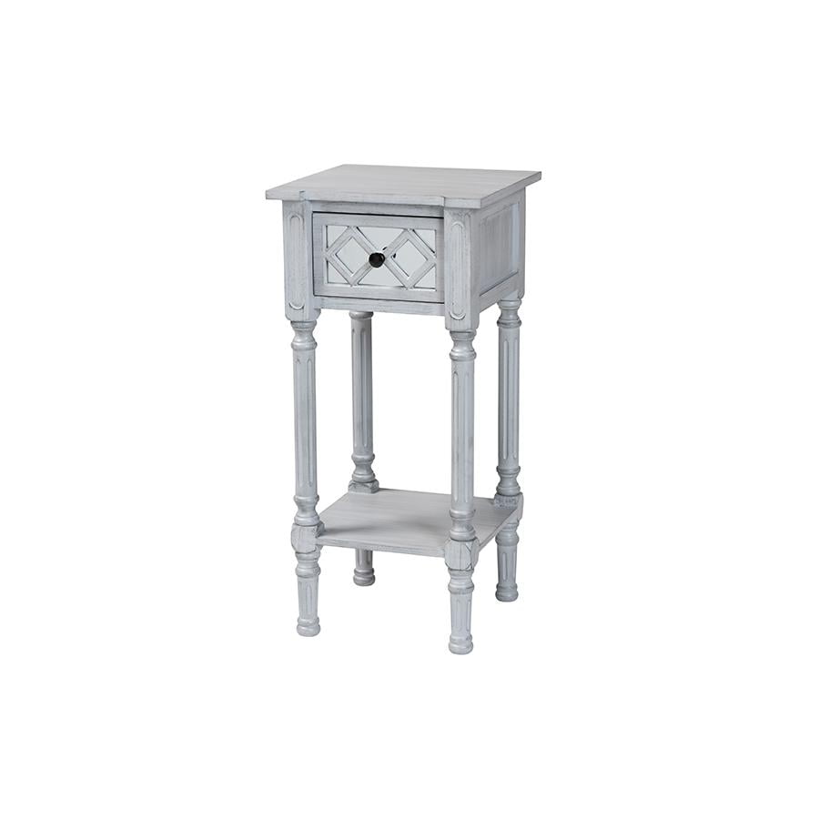 Gray Wood Accent Table with Mirrored Drawer and Storage Shelf