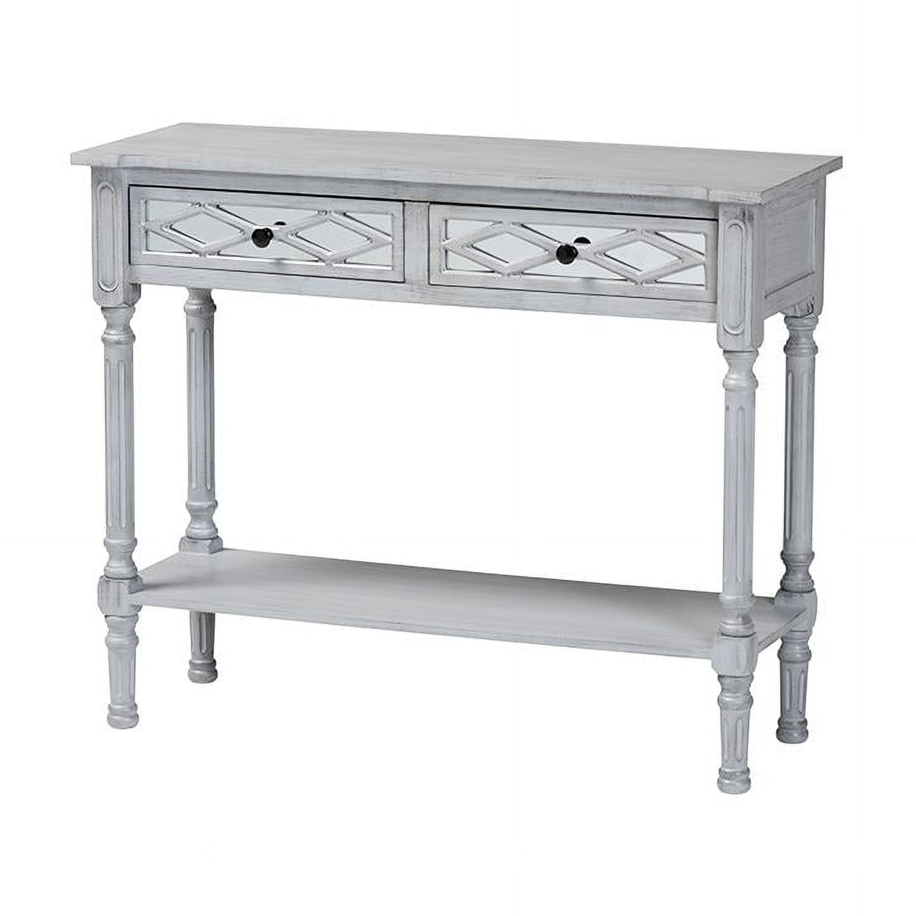 Gray Wood and Mirrored Glass 2-Drawer Console Table with Storage Shelf
