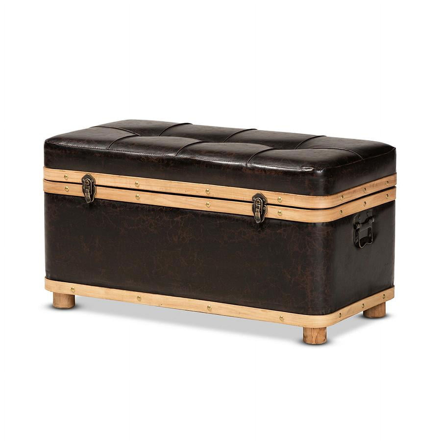 Dark Brown Faux Leather Tufted Storage Footstool with Oak Wood Bands