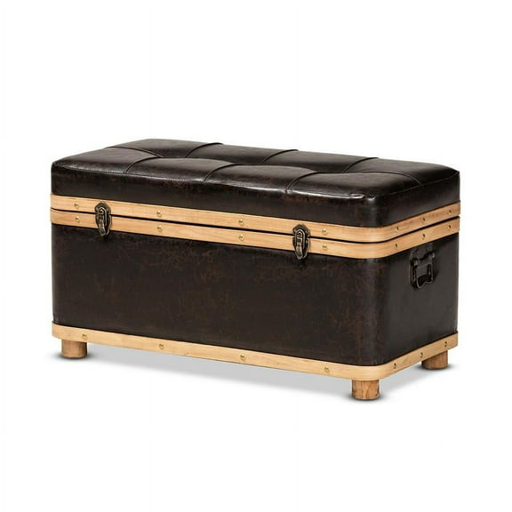 Baxton Studio Gendry Modern Rustic Transitional Dark Brown Faux Leather Upholstered and Oak Brown Finished Wood Large Storage Ottoman