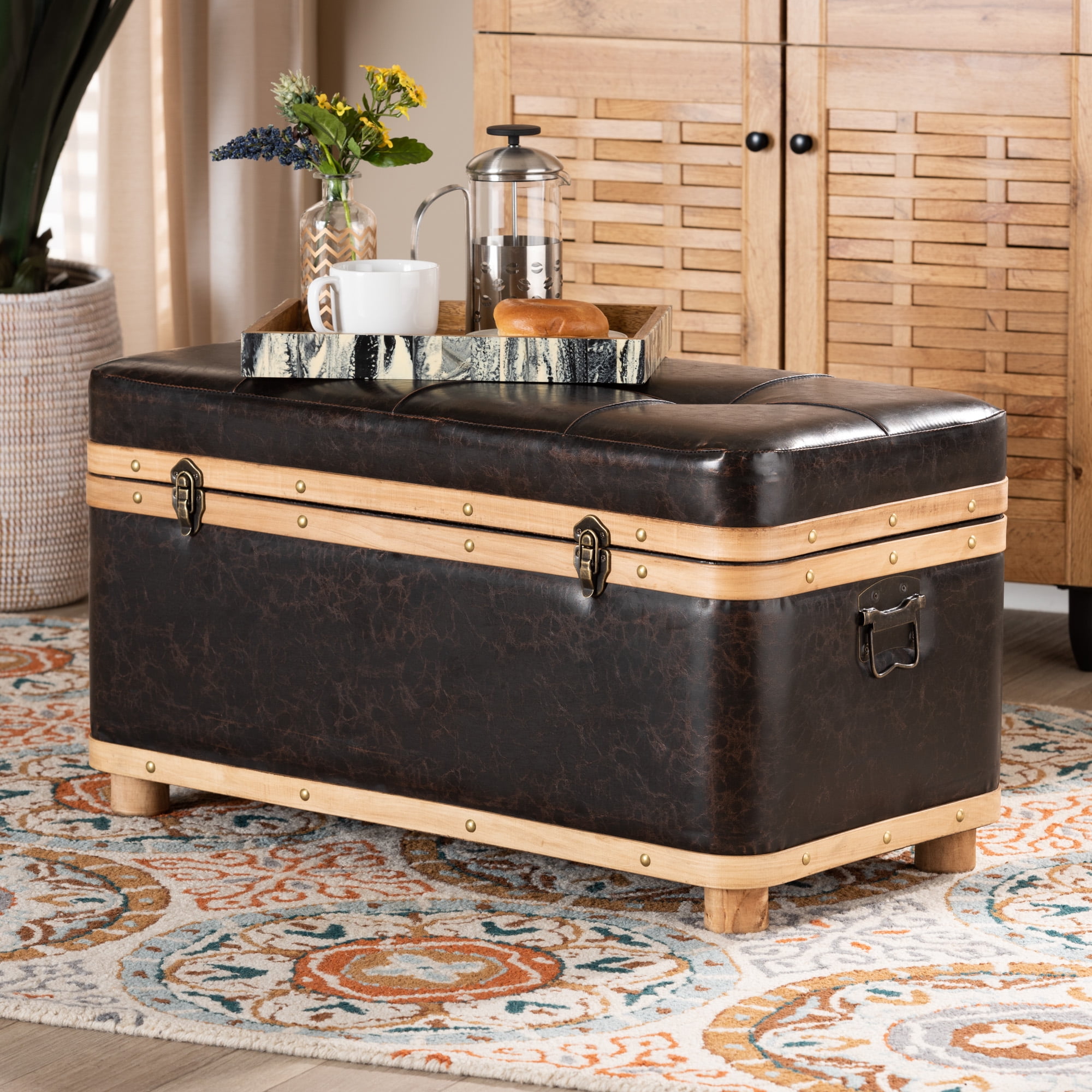 Baxton Studio Gendry Modern Rustic Transitional Dark Brown Faux Leather Upholstered and Oak Brown Finished Wood Large Storage Ottoman