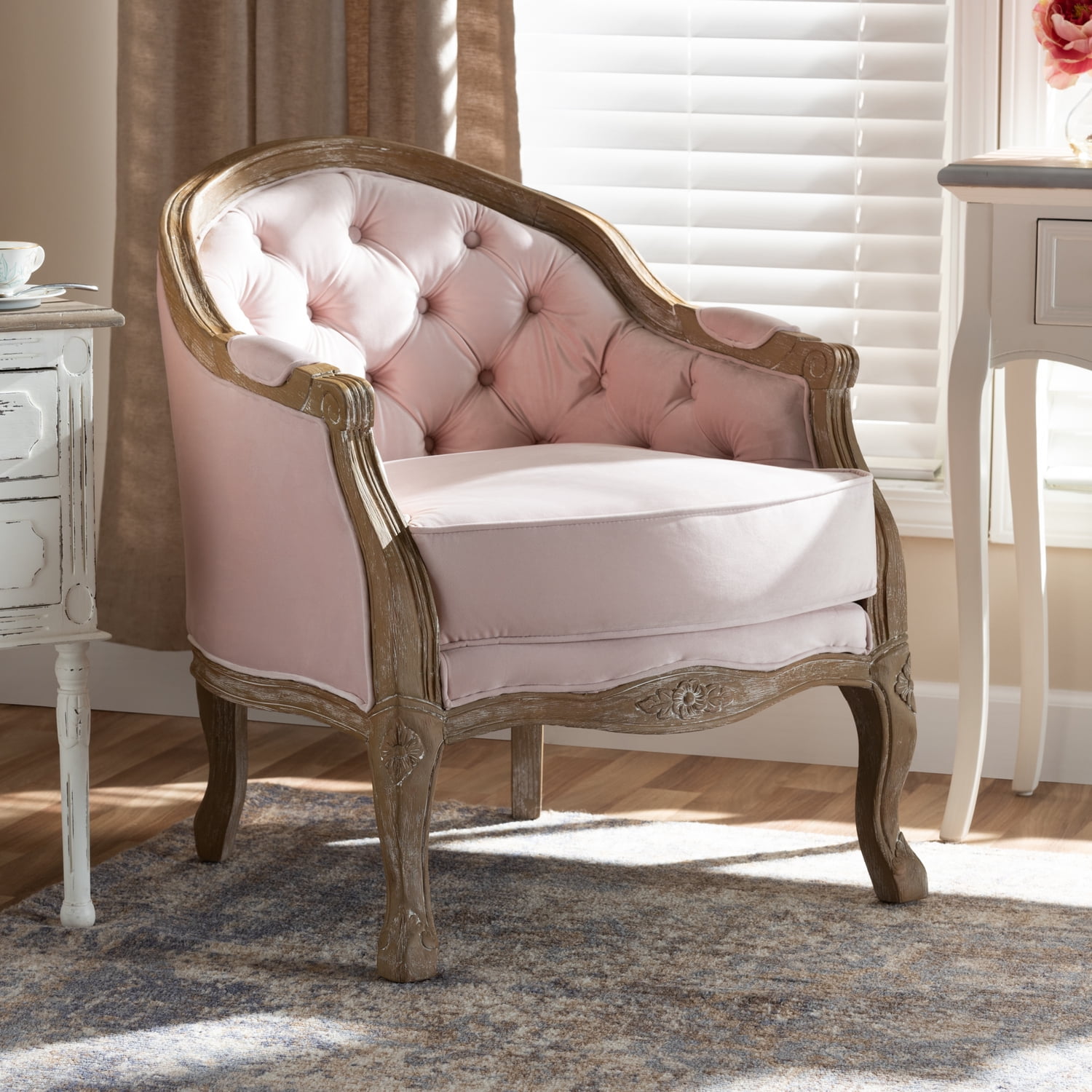 Genevieve White Velvet and Oak Wood Accent Chair