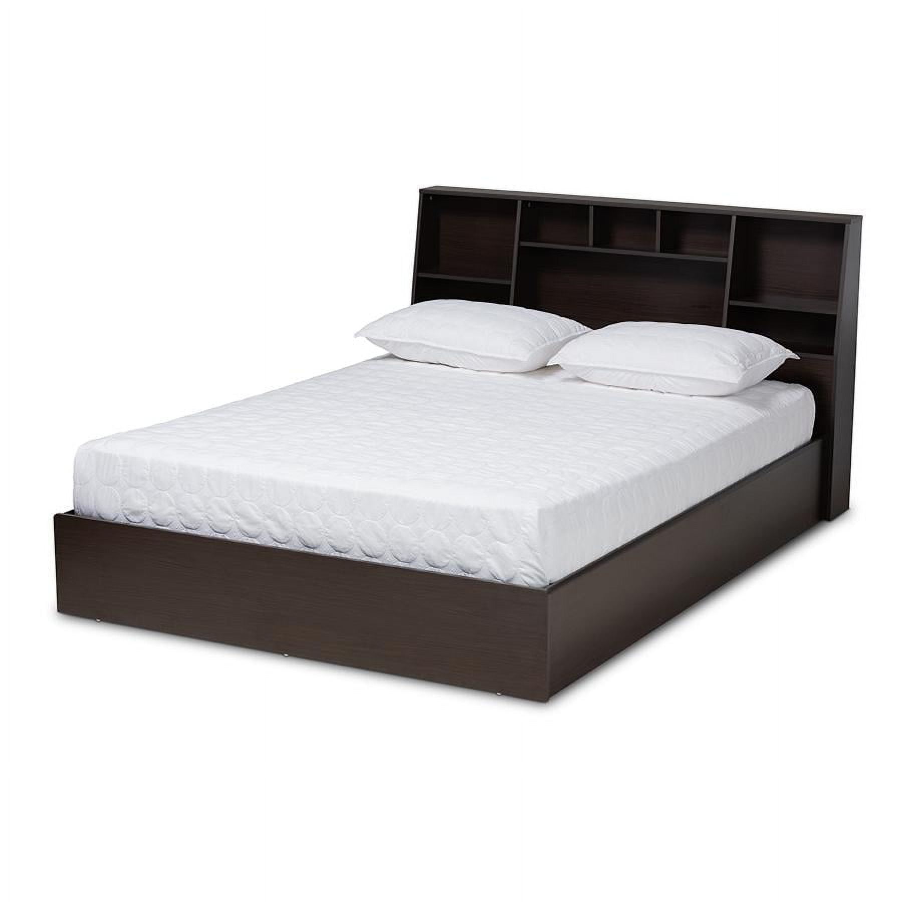 Ergonomic Queen Geoffrey Dark Brown Wood Storage Bed with Bookcase Headboard