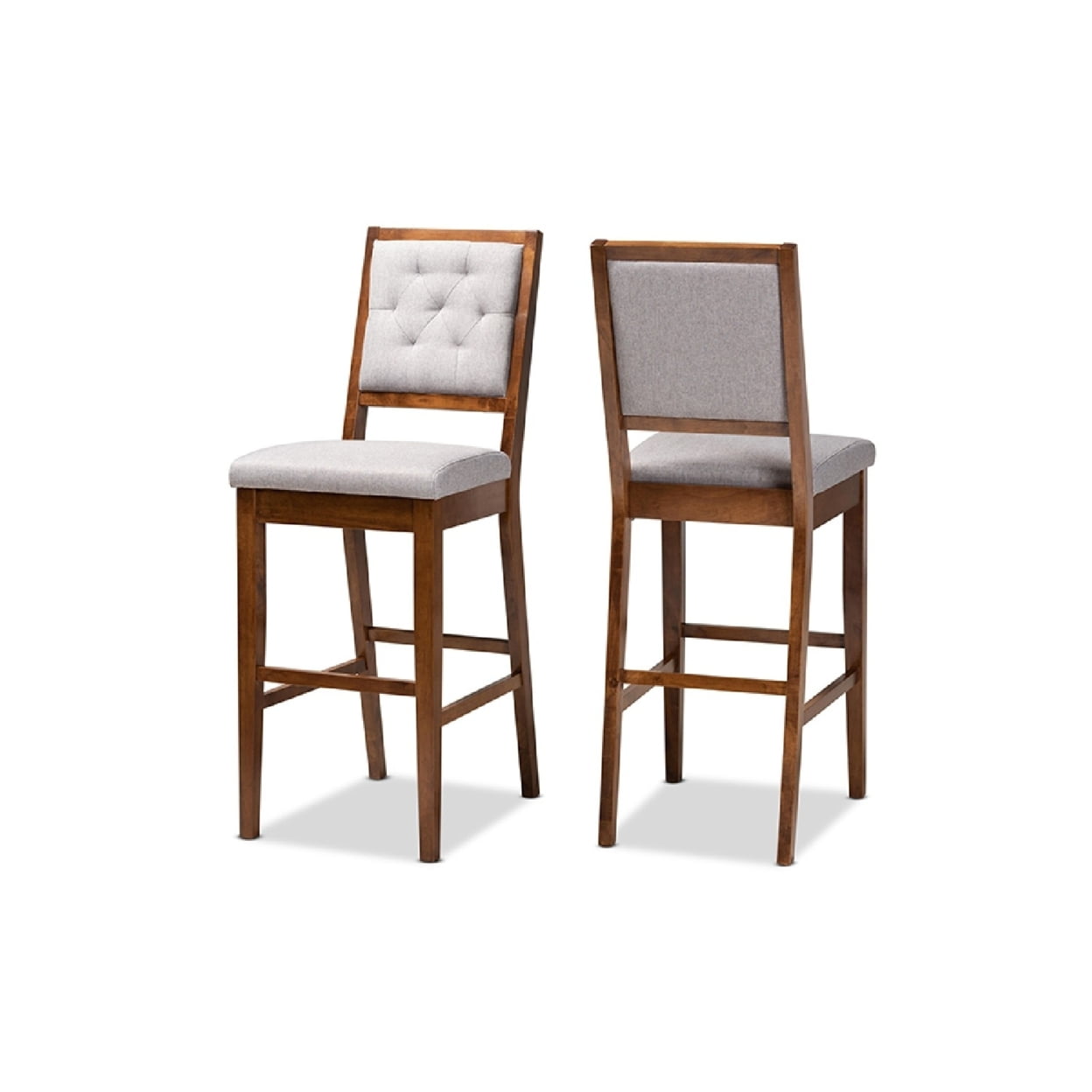 Gideon Grey Fabric and Walnut Wood Bar Stools, Set of 2