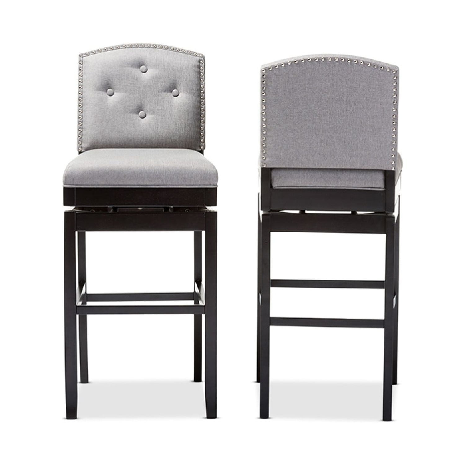 Elegant Gray Fabric Swivel Barstool Set with Button Tufting and Nailhead Trim
