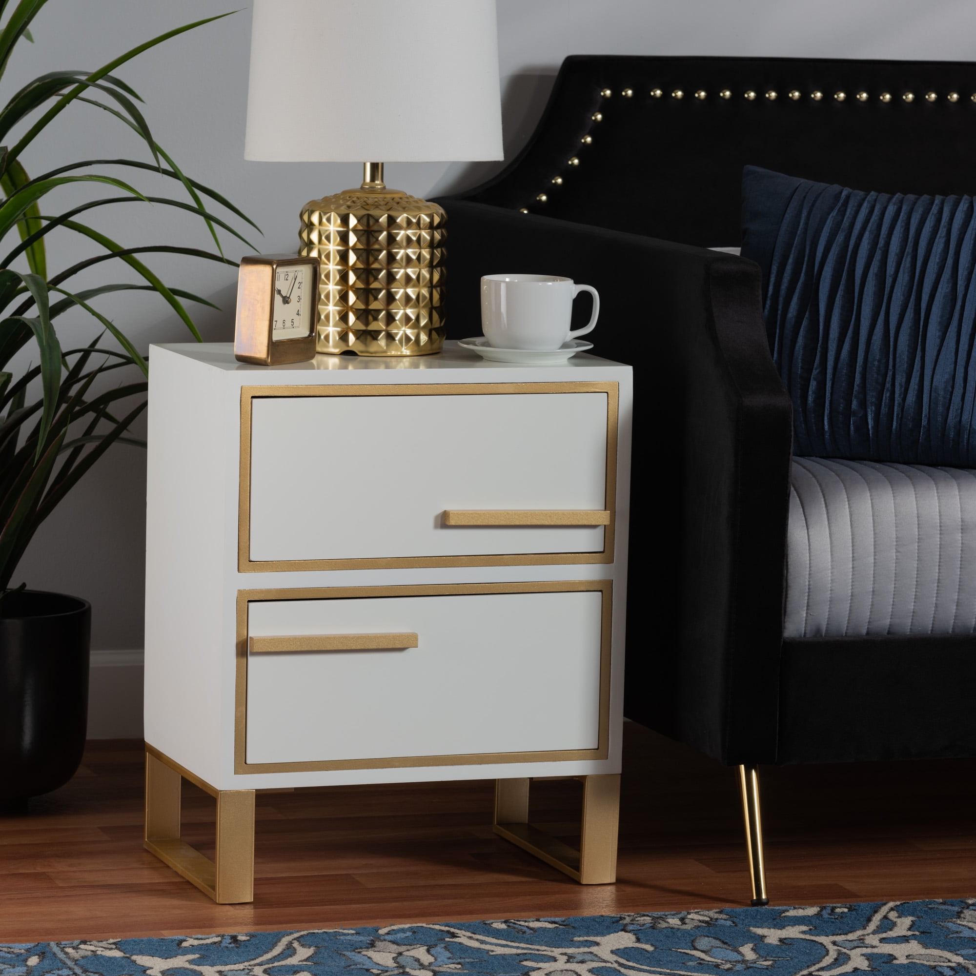 Baxton Studio Giolla Contemporary Glam and Luxe White Finished Wood and Gold Metal 2-Drawer End Table