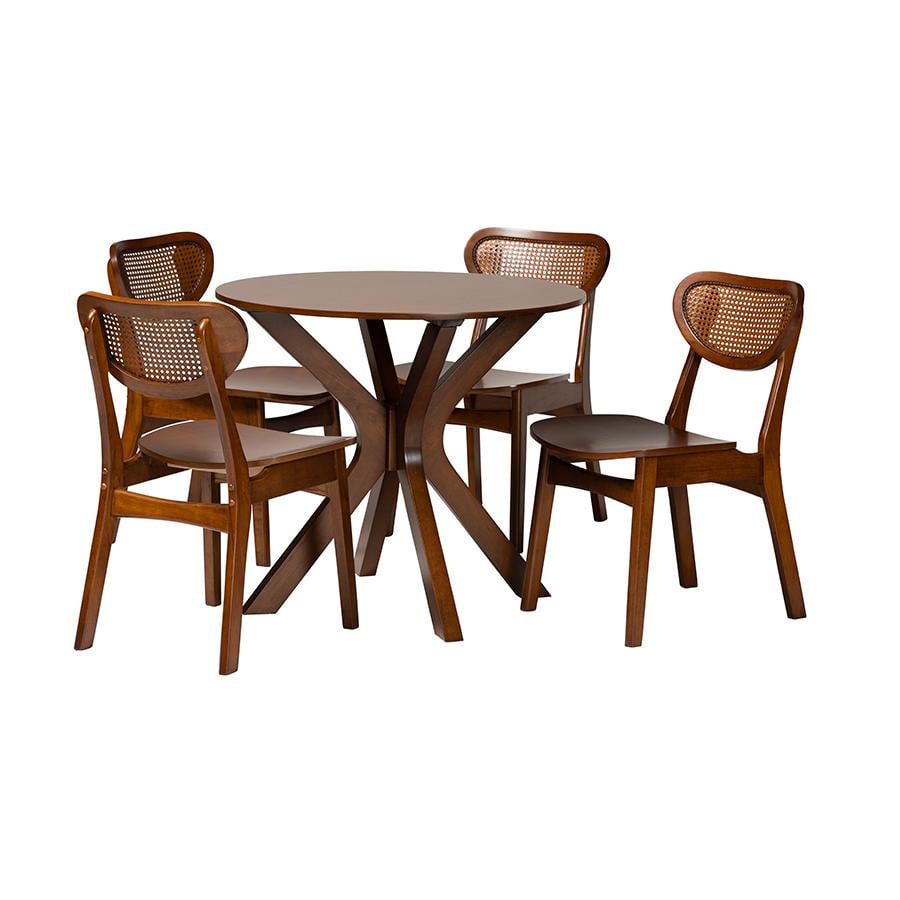 Mid-Century Walnut Brown Wood and Woven Rattan Dining Set