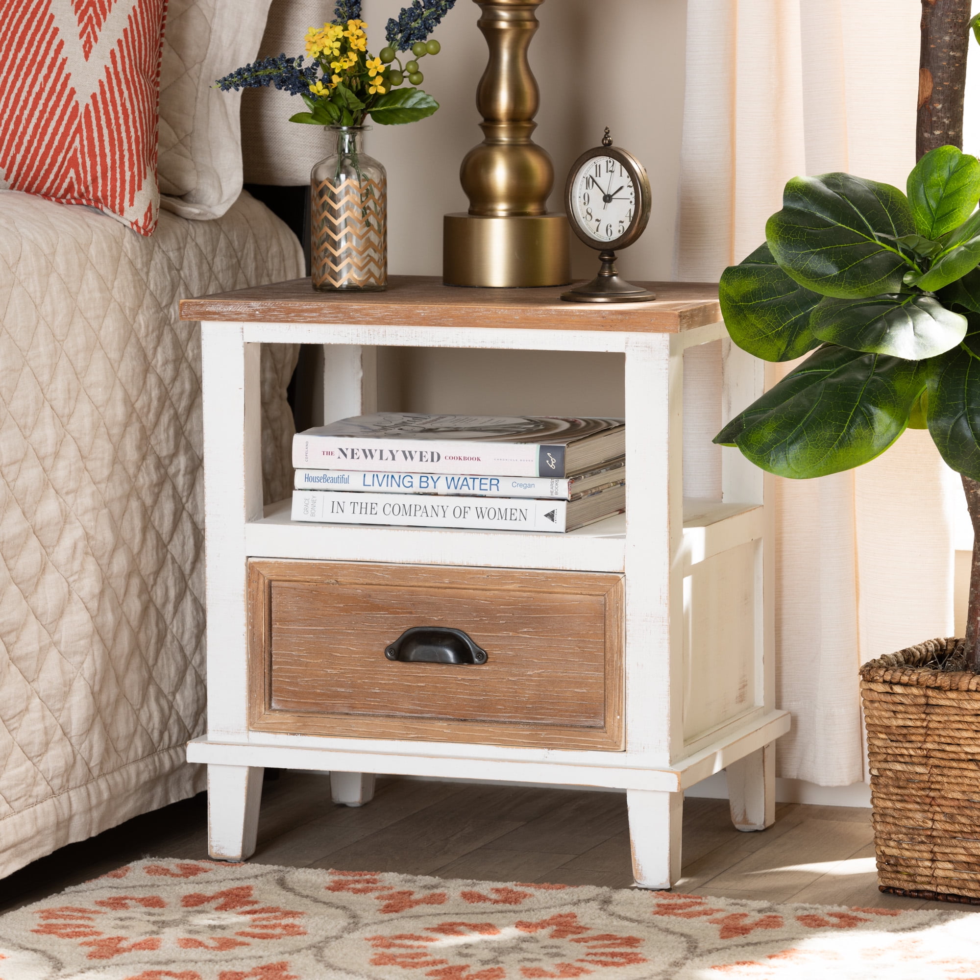 Baxton Studio Glynn Rustic Farmhouse Weathered Two-Tone White and Oak Brown Finished Wood 1-Drawer End Table