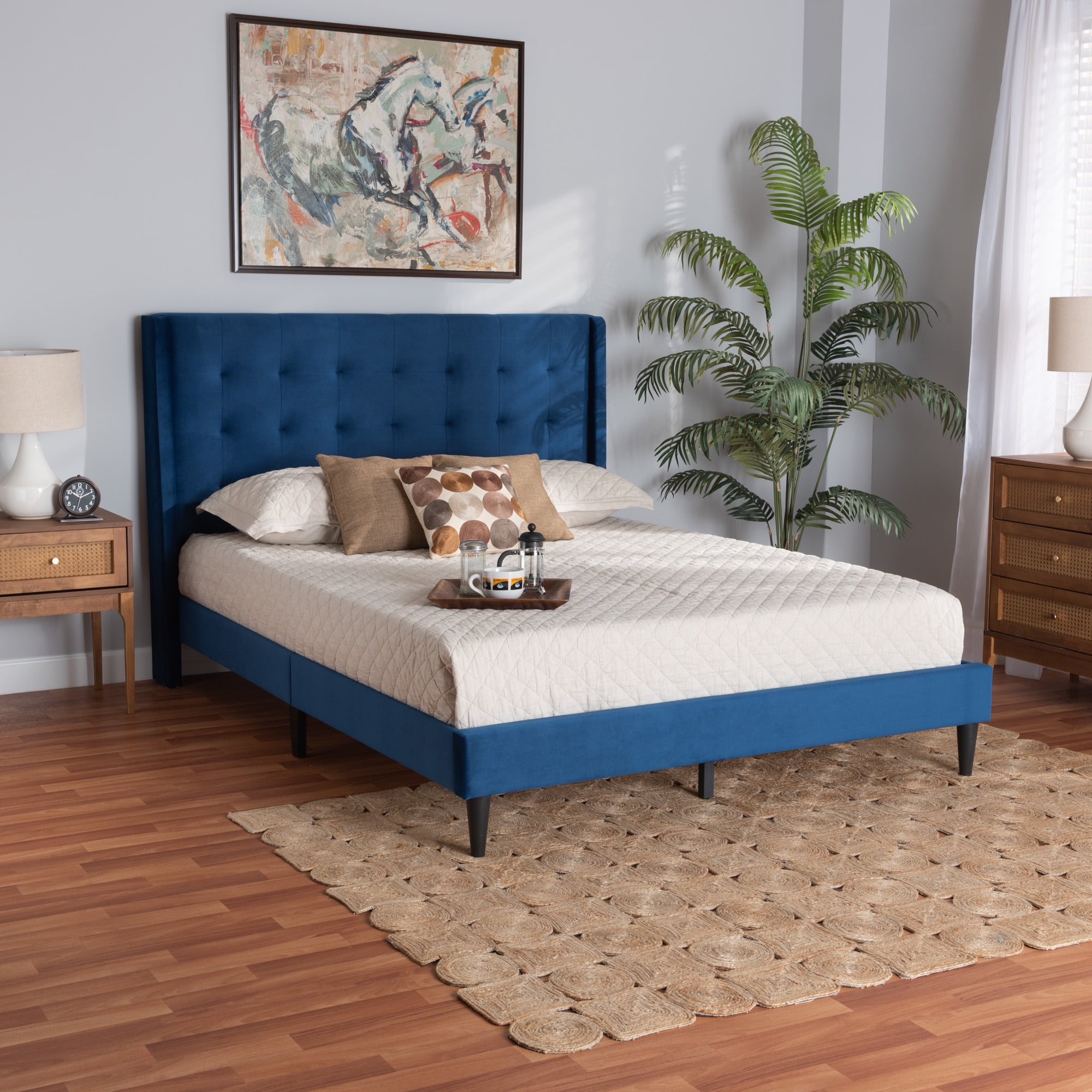 Baxton Studio Gothard Modern and Contemporary Navy Blue Velvet Fabric Upholstered and Dark Brown Finished Wood King Size Platform Bed