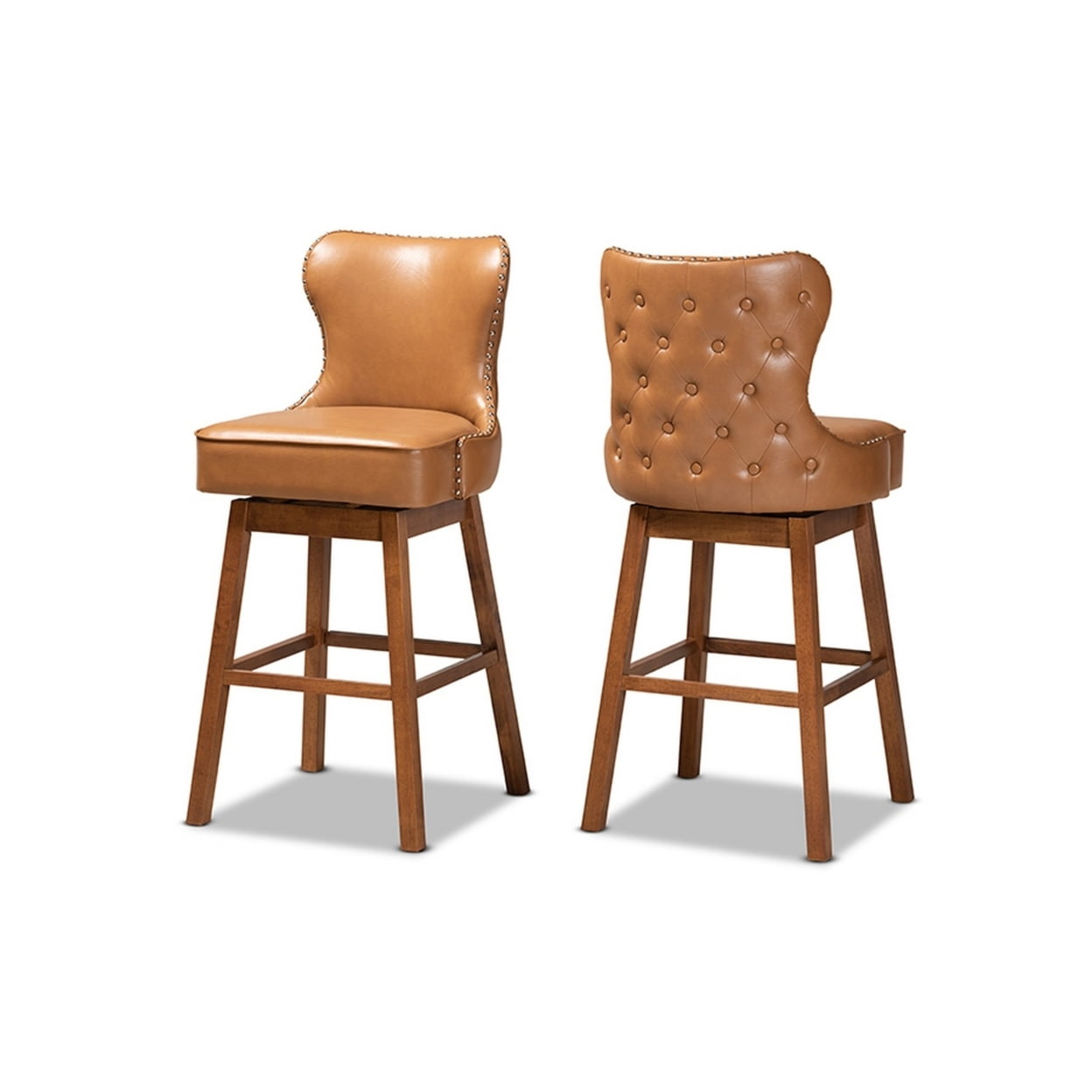 Walnut Wood and Tan Leather Swivel Barstool with Copper Accents