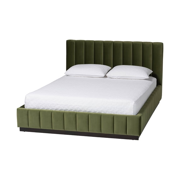 Baxton Studio Granger Velvet Upholstered Platform Bed with Channel Tufted Headboard, Modern Low Profile Bed Frame, Moss Green, Queen